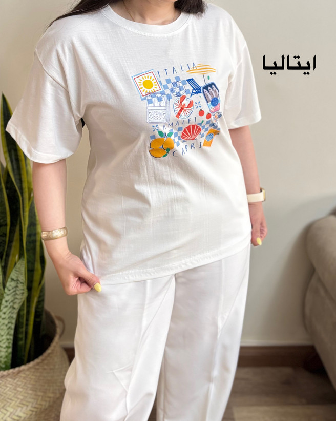 تیشرت باکسی سامر رنگ سفید طرح ایتالیا زنانه | رابوپوش